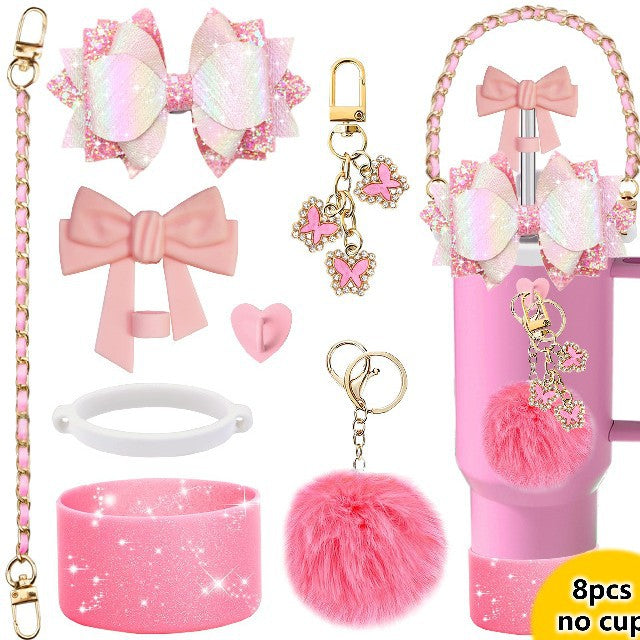 Wholesale mug accessories portable chain bow straw decorative silicone cup set cup chain flower pendant